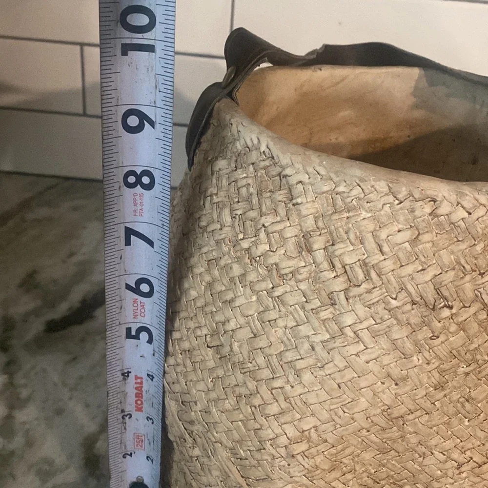 Large concrete woven basket planter with vegan leather handle. Heavy. Artsy boho